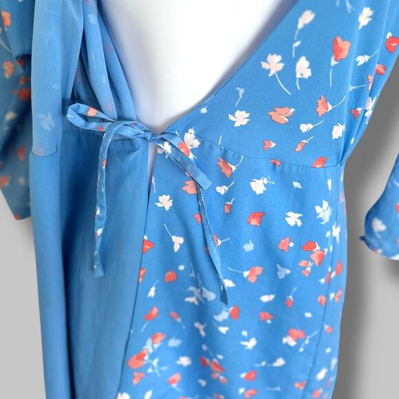 Joie Blue Floral Wrap Dress Size XS Long Sleeve V-Neck Midi Dress Asymmetric Hem - Picture 8 of 11